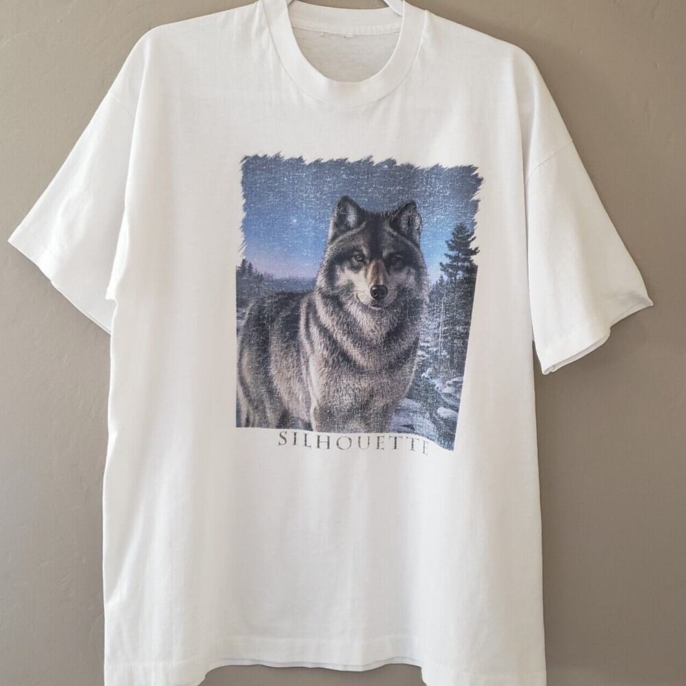 Vintage Air Waves Single‎ Stitch Wolf Silhouette White T-Shirt. L-XL (estimated)